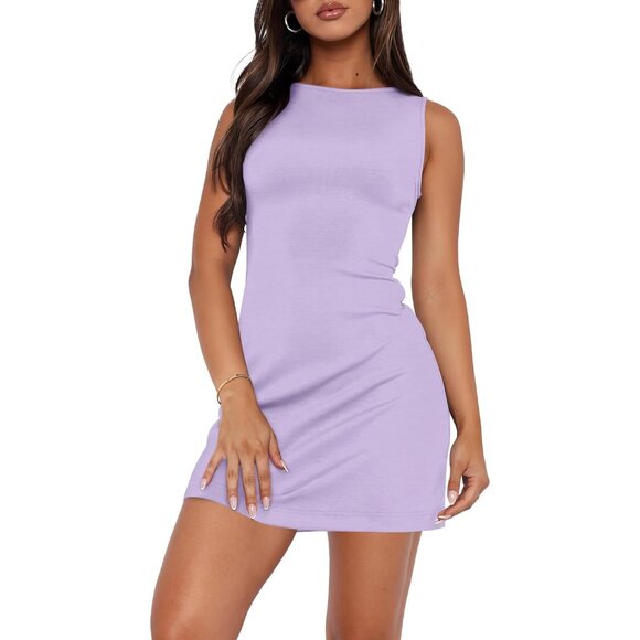 Women Summer Sleeveless Boat Neck Mini R Purple Dress Slim Party Bodycon Dress - Picture 2 of 5